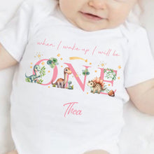 Load image into Gallery viewer, Dinosaur Birthday sleepsuit, Pink Dino Baby Birthday vest, When I wake up I’ll be One, 1st One, Cute Dinosaurs, Dino birthday outfit girl