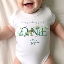 Load image into Gallery viewer, Dinosaur Birthday sleepsuit, Green Dino Baby Birthday vest, When I wake up I’ll be One, 1st One, Cute Dinosaurs, Dino birthday outfit Unisex
