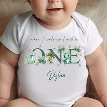 Load image into Gallery viewer, Dinosaur Birthday sleepsuit, Green Dino Baby Birthday vest, When I wake up I’ll be One, 1st One, Cute Dinosaurs, Dino birthday outfit Unisex