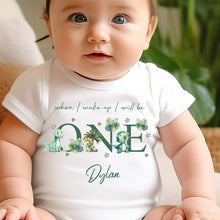 Load image into Gallery viewer, Dinosaur Birthday sleepsuit, Green Dino Baby Birthday vest, When I wake up I’ll be One, 1st One, Cute Dinosaurs, Dino birthday outfit Unisex