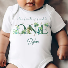 Load image into Gallery viewer, Dinosaur Birthday sleepsuit, Green Dino Baby Birthday vest, When I wake up I’ll be One, 1st One, Cute Dinosaurs, Dino birthday outfit Unisex