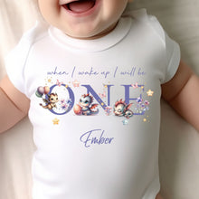 Load image into Gallery viewer, Cute Dragons Birthday sleepsuit, Unisex Birthday vest, When I wake up I’ll be One, 1st Birthday, My First Birthday Romper, Dragons for Girls