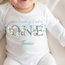 Load image into Gallery viewer, Teddy Bear Balloons Birthday sleepsuit,  Boys vest, When I wake up I’ll be One Gift, 1st Birthday, My First Birthday Romper, Baby Outfit