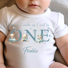 Load image into Gallery viewer, Teddy Bear Cute Cars Birthday sleepsuit,  Boys vest, When I wake up I’ll be One Gift, 1st Birthday, My First Birthday Romper, Baby Outfit