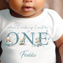 Load image into Gallery viewer, Teddy Bear Cute Cars Birthday sleepsuit,  Boys vest, When I wake up I’ll be One Gift, 1st Birthday, My First Birthday Romper, Baby Outfit