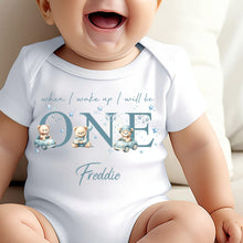 Load image into Gallery viewer, Teddy Bear Cute Cars Birthday sleepsuit,  Boys vest, When I wake up I’ll be One Gift, 1st Birthday, My First Birthday Romper, Baby Outfit