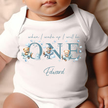 Load image into Gallery viewer, Teddy Bear Cute Plane Birthday sleepsuit,  Boys vest, When I wake up I’ll be One Gift, 1st Birthday, My First Birthday Romper, Baby Outfit