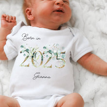 Load image into Gallery viewer, Personalised Born in 2025 Baby Vest, Eucalyptus Floral Baby Sleepsuit, Personalised Baby Vest, New Baby Gift, Baby Girl, Baby Announcement