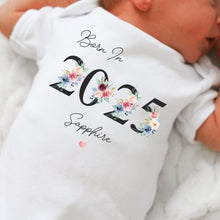 Load image into Gallery viewer, Personalised Born in 2025 Baby Vest, Floral Baby Sleepsuit, Personalised Baby Romper, New Baby Gift, Year Baby Girl, Baby Announcement Vest