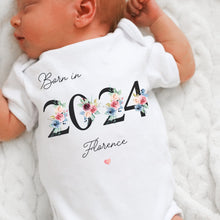 Load image into Gallery viewer, Personalised Born in 2024 Baby Vest, Eucalyptus Baby Sleepsuit, Personalised Baby Vest, New Baby Gift, Baby Girl Boy, Baby Announcement Vest