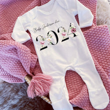 Load image into Gallery viewer, Baby Due in 2024 Baby Vest, Personalised Unisex Baby Sleepsuit, Personalised Floral Baby Romper, New Baby Gift, Baby Girl Announcement Vest