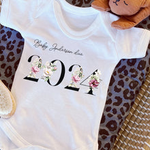 Load image into Gallery viewer, Baby Due in 2024 Baby Vest, Personalised Unisex Baby Sleepsuit, Personalised Floral Baby Romper, New Baby Gift, Baby Girl Announcement Vest