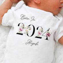 Load image into Gallery viewer, Personalised Born in 2024 Baby Vest, Peony Floral Baby Sleepsuit, Personalised Baby Romper, New Baby Gift, Baby Girl Boy, Baby Announcement