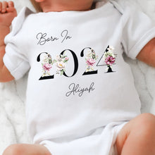 Load image into Gallery viewer, Personalised Born in 2024 Baby Vest, Peony Floral Baby Sleepsuit, Personalised Baby Romper, New Baby Gift, Baby Girl Boy, Baby Announcement