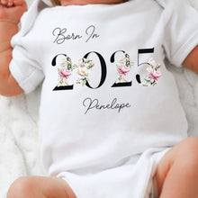 Load image into Gallery viewer, Personalised Born in 2025 Baby Vest, Floral Baby Sleepsuit, Personalised Flower Baby Vest, New Baby Gift, Baby Girl, Baby Announcement Vest