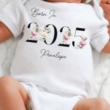 Load image into Gallery viewer, Personalised Born in 2025 Baby Vest, Floral Baby Sleepsuit, Personalised Flower Baby Vest, New Baby Gift, Baby Girl, Baby Announcement Vest