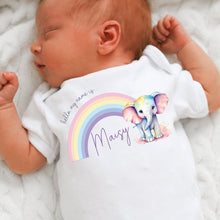 Load image into Gallery viewer, Hello my name is, baby girls coming home outfit, personalised gifts for baby girls, Hello Im New Here, New Baby announcement, Rainbow Baby