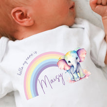 Load image into Gallery viewer, Hello my name is, baby girls coming home outfit, personalised gifts for baby girls, Hello Im New Here, New Baby announcement, Rainbow Baby