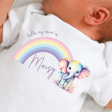 Load image into Gallery viewer, Hello my name is, baby girls coming home outfit, personalised gifts for baby girls, Hello Im New Here, New Baby announcement, Rainbow Baby