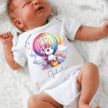 Load image into Gallery viewer, Personalised Born in 2024 Baby Vest, Rainbow Unicorn Baby Sleepsuit, Personalised Baby Outfit, New Baby Gift, Baby Arrival Announcement Vest