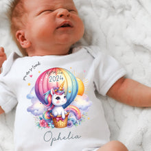 Load image into Gallery viewer, Personalised Born in 2024 Baby Vest, Rainbow Unicorn Baby Sleepsuit, Personalised Baby Outfit, New Baby Gift, Baby Arrival Announcement Vest
