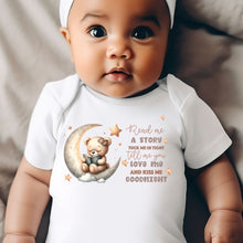 Load image into Gallery viewer, Say you love me, Kiss me goodnight, Reading Book Gift, Cute Teddy, Baby Arrival Newborn Pregnancy Announcement Gift, sleepsuit for baby girl