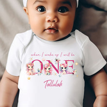 Load image into Gallery viewer, Unicorn Birthday sleepsuit, Baby Girl Birthday vest, When I wake up I’ll be One, Magical One, pastel unicorns, rainbow birthday outfit girl