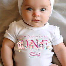 Load image into Gallery viewer, Unicorn Birthday sleepsuit, Baby Girl Birthday vest, When I wake up I’ll be One, Magical One, pastel unicorns, rainbow birthday outfit girl