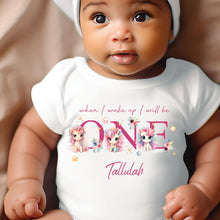 Load image into Gallery viewer, Unicorn Birthday sleepsuit, Baby Girl Birthday vest, When I wake up I’ll be One, Magical One, pastel unicorns, rainbow birthday outfit girl