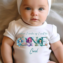 Load image into Gallery viewer, Mermaid Birthday sleepsuit, Baby Girl Birthday vest, When I wake up I’ll be One, Magical One, pastel Mermaids, Ocean birthday outfit girl