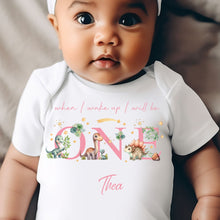 Load image into Gallery viewer, Dinosaur Birthday sleepsuit, Pink Dino Baby Birthday vest, When I wake up I’ll be One, 1st One, Cute Dinosaurs, Dino birthday outfit girl