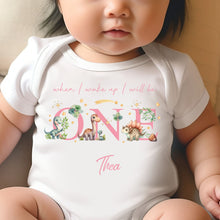 Load image into Gallery viewer, Dinosaur Birthday sleepsuit, Pink Dino Baby Birthday vest, When I wake up I’ll be One, 1st One, Cute Dinosaurs, Dino birthday outfit girl