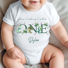 Load image into Gallery viewer, Dinosaur Birthday sleepsuit, Green Dino Baby Birthday vest, When I wake up I’ll be One, 1st One, Cute Dinosaurs, Dino birthday outfit Unisex
