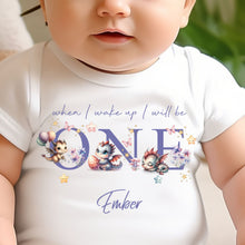 Load image into Gallery viewer, Cute Dragons Birthday sleepsuit, Unisex Birthday vest, When I wake up I’ll be One, 1st Birthday, My First Birthday Romper, Dragons for Girls