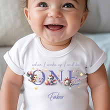 Load image into Gallery viewer, Cute Dragons Birthday sleepsuit, Unisex Birthday vest, When I wake up I’ll be One, 1st Birthday, My First Birthday Romper, Dragons for Girls