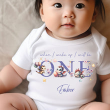 Load image into Gallery viewer, Cute Dragons Birthday sleepsuit, Unisex Birthday vest, When I wake up I’ll be One, 1st Birthday, My First Birthday Romper, Dragons for Girls