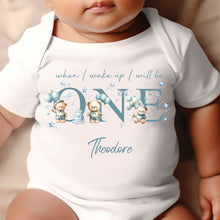 Load image into Gallery viewer, Teddy Bear Balloons Birthday sleepsuit,  Boys vest, When I wake up I’ll be One Gift, 1st Birthday, My First Birthday Romper, Baby Outfit