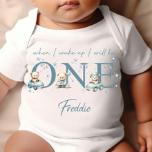 Load image into Gallery viewer, Teddy Bear Cute Cars Birthday sleepsuit,  Boys vest, When I wake up I’ll be One Gift, 1st Birthday, My First Birthday Romper, Baby Outfit