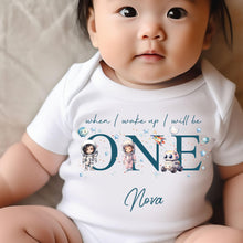 Load image into Gallery viewer, Personalised Astronaut Birthday sleepsuit, Girls Space vest, When I wake up I’ll be One Gift, 1st Birthday, My First Birthday Stars Romper
