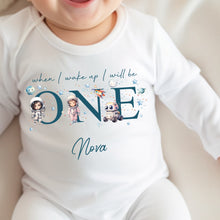 Load image into Gallery viewer, Personalised Astronaut Birthday sleepsuit, Girls Space vest, When I wake up I’ll be One Gift, 1st Birthday, My First Birthday Stars Romper