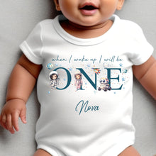 Load image into Gallery viewer, Personalised Astronaut Birthday sleepsuit, Girls Space vest, When I wake up I’ll be One Gift, 1st Birthday, My First Birthday Stars Romper