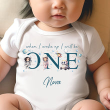 Load image into Gallery viewer, Personalised Astronaut Birthday sleepsuit, Girls Space vest, When I wake up I’ll be One Gift, 1st Birthday, My First Birthday Stars Romper