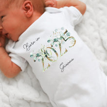 Load image into Gallery viewer, Personalised Born in 2025 Baby Vest, Eucalyptus Floral Baby Sleepsuit, Personalised Baby Vest, New Baby Gift, Baby Girl, Baby Announcement