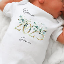 Load image into Gallery viewer, Personalised Born in 2025 Baby Vest, Eucalyptus Floral Baby Sleepsuit, Personalised Baby Vest, New Baby Gift, Baby Girl, Baby Announcement