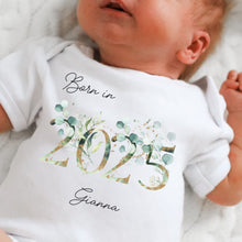 Load image into Gallery viewer, Personalised Born in 2025 Baby Vest, Eucalyptus Floral Baby Sleepsuit, Personalised Baby Vest, New Baby Gift, Baby Girl, Baby Announcement