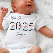 Load image into Gallery viewer, Personalised Born in 2025 Baby Vest, Floral Baby Sleepsuit, Personalised Baby Romper, New Baby Gift, Year Baby Girl, Baby Announcement Vest