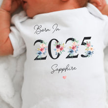Load image into Gallery viewer, Personalised Born in 2025 Baby Vest, Floral Baby Sleepsuit, Personalised Baby Romper, New Baby Gift, Year Baby Girl, Baby Announcement Vest