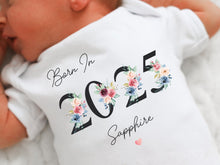 Load image into Gallery viewer, Personalised Born in 2025 Baby Vest, Floral Baby Sleepsuit, Personalised Baby Romper, New Baby Gift, Year Baby Girl, Baby Announcement Vest