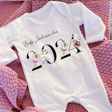 Load image into Gallery viewer, Baby Due in 2024 Baby Vest, Personalised Unisex Baby Sleepsuit, Personalised Floral Baby Romper, New Baby Gift, Baby Girl Announcement Vest