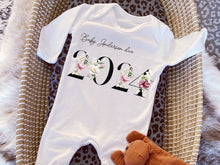 Load image into Gallery viewer, Baby Due in 2024 Baby Vest, Personalised Unisex Baby Sleepsuit, Personalised Floral Baby Romper, New Baby Gift, Baby Girl Announcement Vest